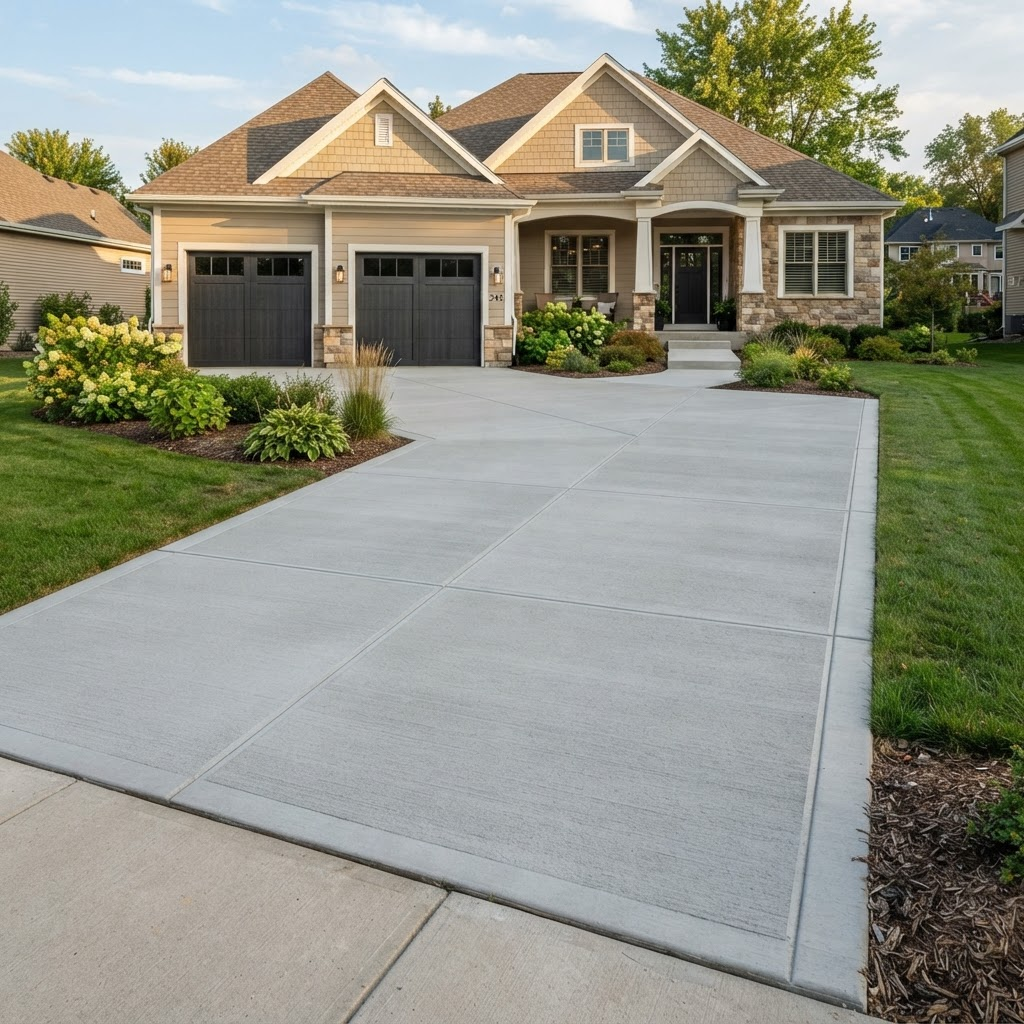 Finished broom-finish concrete driveway with clean control joints