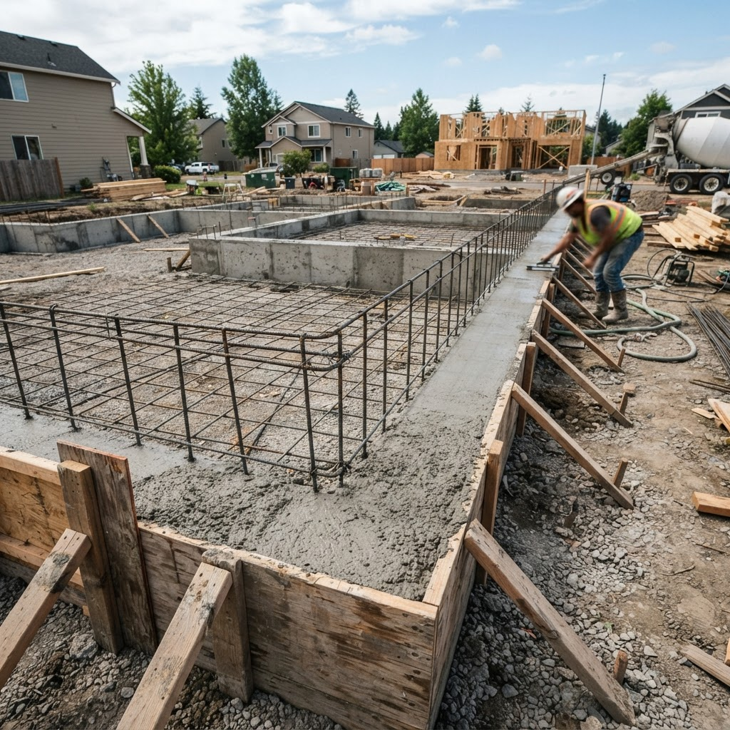 Poured concrete foundation with steel rebar