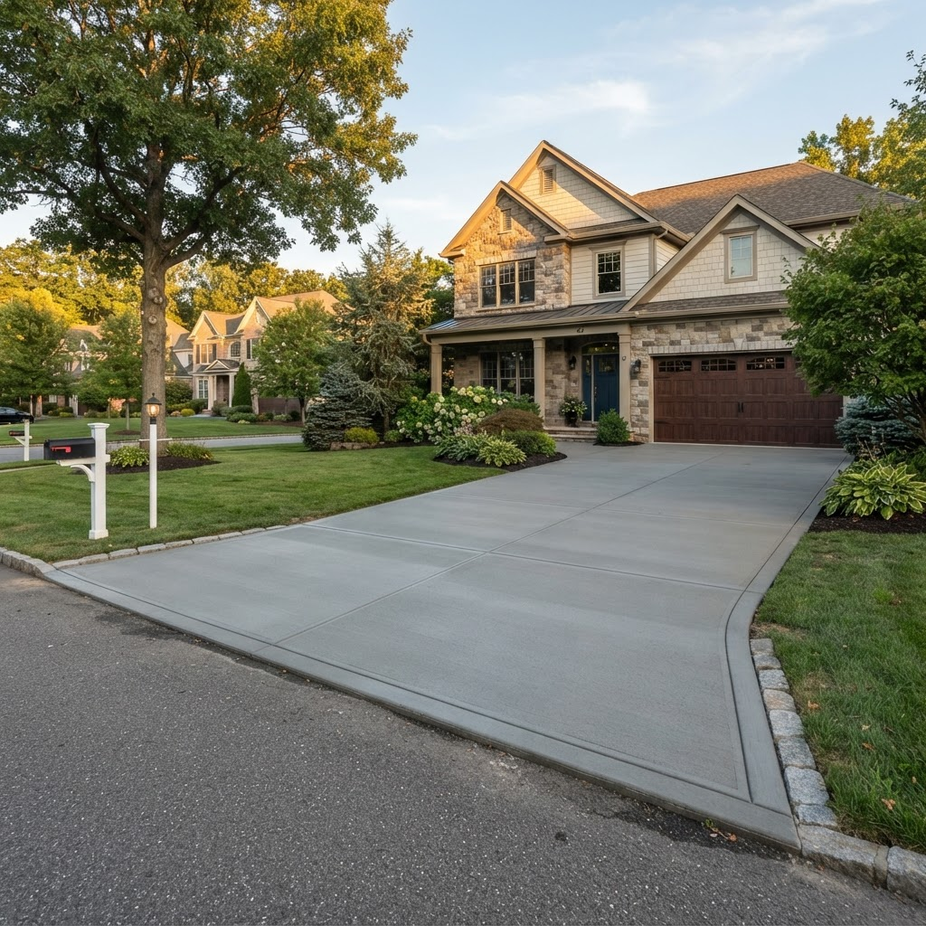 Freshly poured and finished concrete driveway in front of a Bentonville home