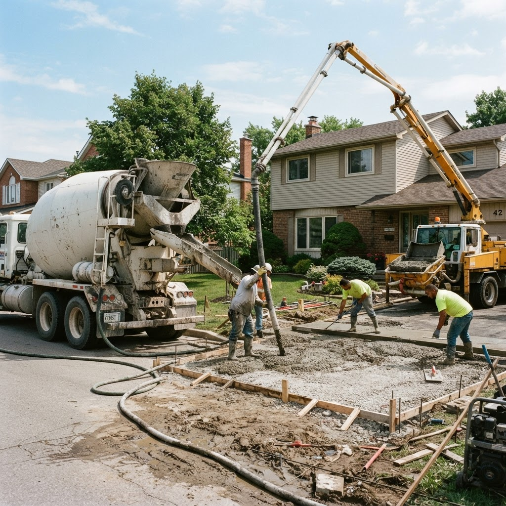 Concrete mixer truck pouring on a residential job site