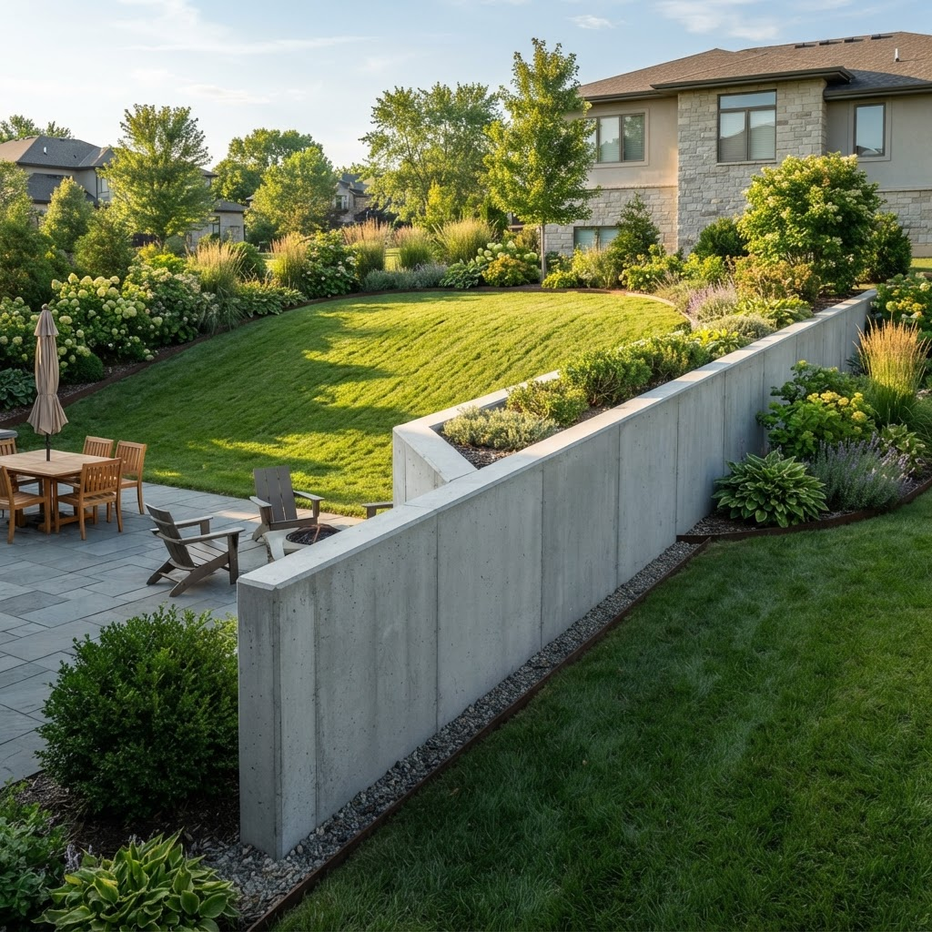 Concrete retaining wall in a landscaped yard