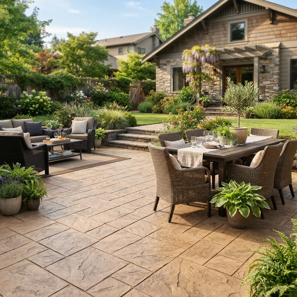 Stamped concrete patio with slate texture pattern