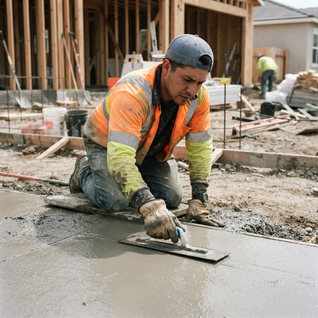 Worker troweling and finishing wet concrete